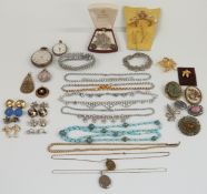 Collection of costume jewellery including silver pocket watches, vintage diamanté necklaces, vintage