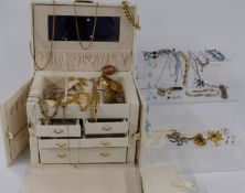 A collection of costume jewellery including silver, pair of 9ct gold earrings, brooches etc, in