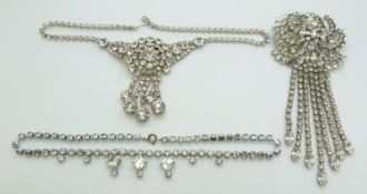 Two vintage diamanté necklaces and a brooch