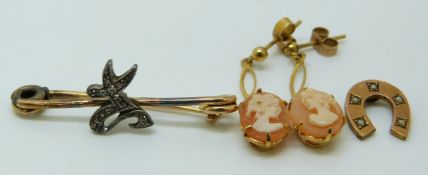Victorian yellow metal brooch set with rose cut diamonds, a pair of 9ct gold earrings set with a