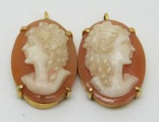 A pair of cameos depicting a young woman, in yellow metal mount