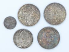 Queen Victoria 1877 Maundy twopence, George II sixpence and three old head Victorian shillings