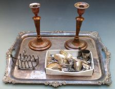 Large twin handled silver plated tray, length 62cm, pair of candlesticks, cutlery etc