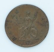 George III 1773 copper farthing, first laureate and cuirassed bust, rev Britannia seated on a globe,