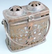 17th/18thC continental copper tantalus with wrought iron handle, pierced and engraved decoration and