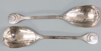 George V Arts and Crafts or Art Deco cased pair of hallmarked silver serving spoons with stepped