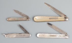 Four various hallmarked silver and mother of pearl folding knives, all but one being 19thC, length