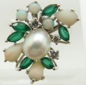 An 18ct white gold ring set with a pearl, marquise cut chrysoprase, round opal cabochons, pear cut