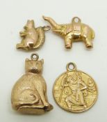 Four 9ct gold charms including St Christopher, cat, elephant and squirrel, 2.7g