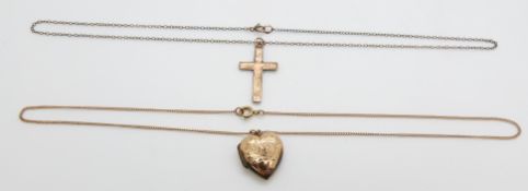 Two 9ct gold chains, a 9ct gold cross and a heart locket, 3.7g