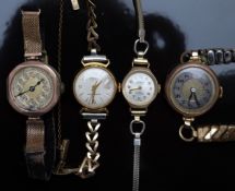 Four ladies wristwatches comprising three 9ct gold and one gold plated.