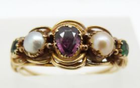 Victorian ring set with an amethyst, pearls and tourmaline in original box, 2.3g, size M