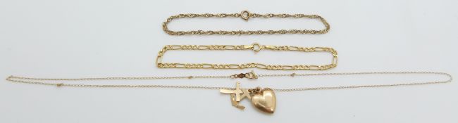 Two 9ct gold bracelets and a 9ct gold necklace, 3.5g