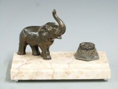 Art Deco bronze figural elephant and marble standish/inkwell, W20 D12 H13cm
