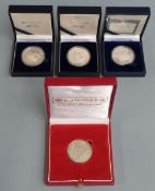Four South African Mint silver 1 Rand Protea coins, 1990s commemoratives including Nursing Centenary