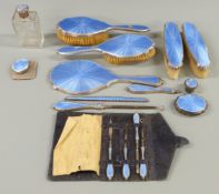Art Deco Mappin & Webb hallmarked silver and blue guilloché enamel dressing table and manicure set