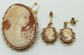 A 9ct gold brooch set with a cameo depicting a young woman (2.7 x 3.5cm) and a pair of 9ct gold