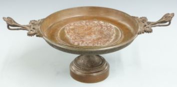 19th/20thC French bronze twin handled tazza with classical Greek/Roman court scene in relief,