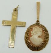 A 9ct gold pendant set with a cameo and 9ct gold cross, 4.3g