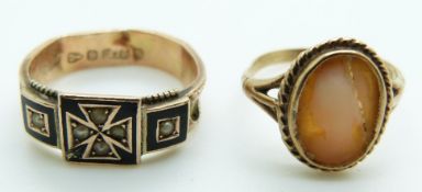 Victorian 9ct gold mourning ring, Chester 1885 and another 9ct gold ring, 3.5g