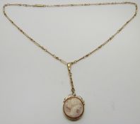 A 9ct gold cameo pendant, the chain with elongated links, 8.5g