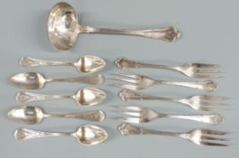 A quantity of German white metal cutlery marked 800 comprising five cake forks and ladle together