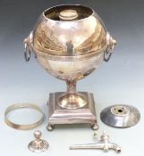 19thC Old Sheffield plate samovar of globe shape with twin loop handles, on square base raised on