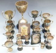A quantity of various silver plated trophies and awards, height of tallest 26cm, Victorian