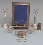 Hallmarked silver photograph frame to suit 6 x 4 inch photo, pair of hallmarked silver candlesticks,