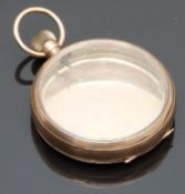 9ct gold keyless winding open faced pocket watch case, 49mm in diameter, 25.8g.
