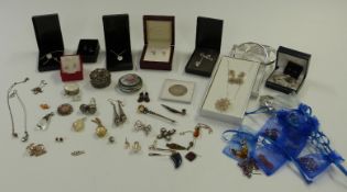 A collection of silver jewellery including pendants, filigree, earrings, enamel pot, bangle,