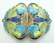 Art Nouveau white metal belt buckle with enamel decoration depicting two dragonflies or similar