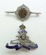 Two silver military sweetheart brooches, one for the Royal Artillery and set with enamel and