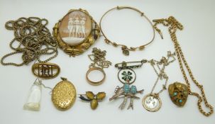 Victorian cameo, bangle, Victorian pendant, clover brooch, rolled gold Victorian chains, etc