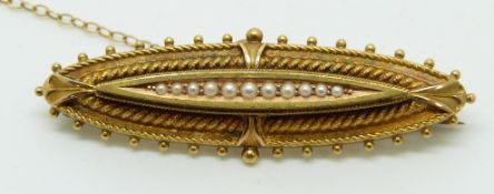 Victorian 15ct gold brooch set with graduated seed pearls, Chester 1896, 4.5cm, 4.5g