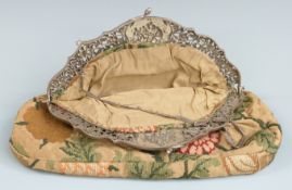 Dutch white metal mounted evening bag with embossed tavern scene and scrolling decoration, Dutch 833