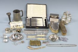 A quantity of silver and plated items including Hukin and Heath Art Deco cruet stand, two hallmarked