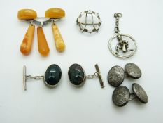 A white metal and amber brooch, a pair of silver cufflinks set with agate, a pair of Victorian