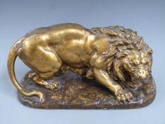 Antoine-Felix Boure gilt plaster model of a lion, signed and dated 1873 to rear corner, L45 H21cm