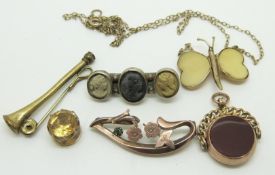 Victorian collar stud, Edwardian 9ct gold swivel fob, lava cameo brooch, 9ct gold butterfly