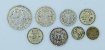 Victoria 1842 Maundy 1d, 2d and 3d, together with an 1843 Colonies penny ha'penny and four small