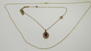 A 9ct gold pendant set with a garnet and two 9ct gold chains, 2.4g