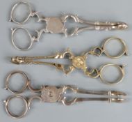 Three pairs of Georgian hallmarked silver sugar nips, two likely Henry Plumpton but marks