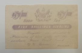 Boer prisoner of war five shillings banknote, produced by the PoW camp manager for use in the