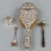 Hallmarked silver wooden handled candle snuffer, hallmarked silver napkin ring, silver teaspoon