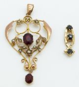 Edwardian yellow metal pendant set with garnets and seed pearls
