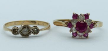 A 9ct gold ring set with paste and a 9ct gold ring set with synthetic rubies, 3.2g