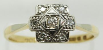 Art Deco 18ct gold ring set with diamonds in a platinum setting, 2.1g, size O/P