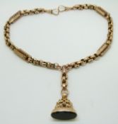 Victorian 9ct double Albert made up of engraved and faceted links with 9ct gold fob set with a