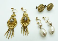 Two pairs of Victorian earrings and a pair of 9ct gold earrings set with faux pearls